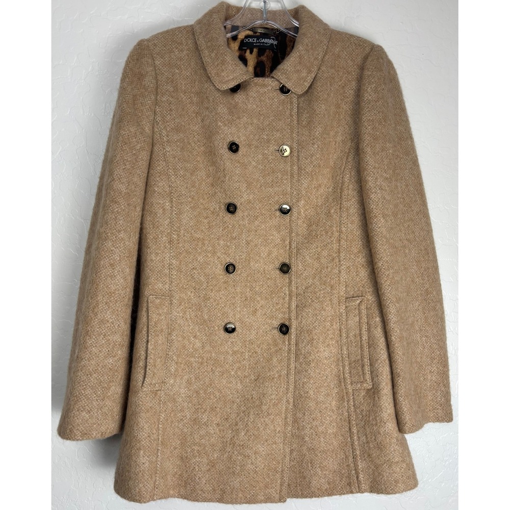 Dolce & Gabbana Alpaca Mohair Pea Coat Camel Tan Leopard Lining IT 40/M 2550
